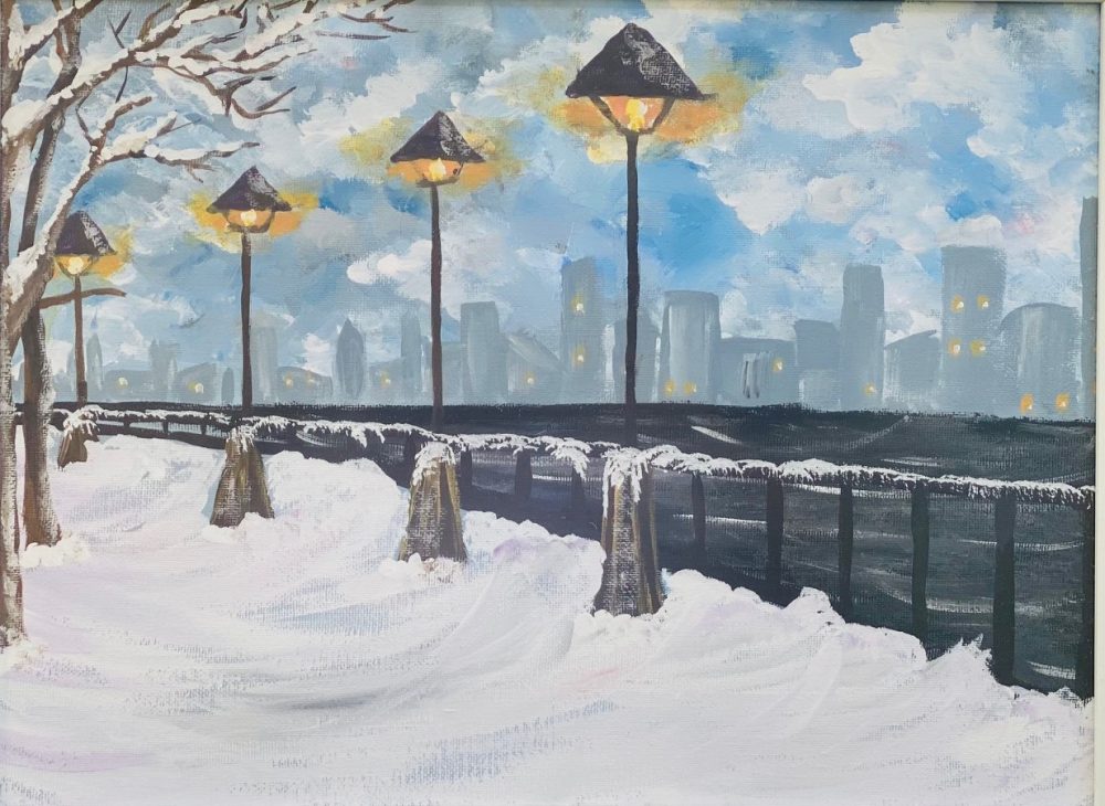 Frozen Winter Landscape Art Gallery: Snowy Cityscape Under Cloudy Skies