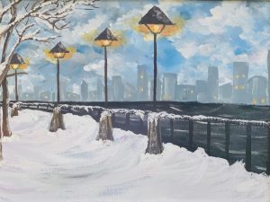 Frozen Winter Landscape Art Gallery: Snowy Cityscape Under Cloudy Skies